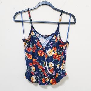 NWOT Navy Blue Floral Tank Faux Wrap Large Ruffle